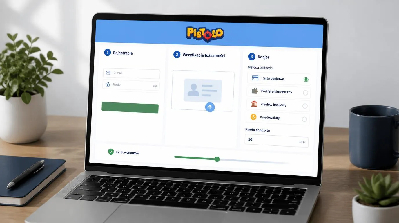 Ekran laptopa z formularzem rejestracji, weryfikacją tożsamości i panelem wyboru metody wpłaty